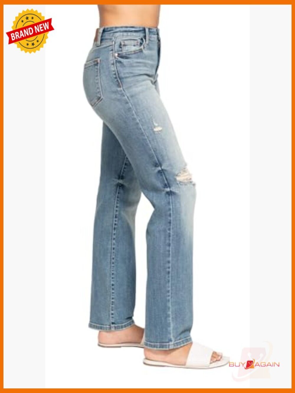 High waisted straight jeans with destroyed detail - Picture 4 of 5